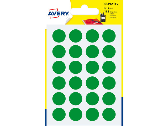 Avery PSA15V verpackt mit 168 Markierungsstiften – Durchmesser 15 mm – A6-Folie – Grün