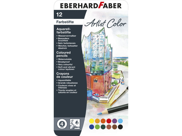 Aquarelpotlood Eberhard Faber Artist kleur metaaletui a 12 stuks