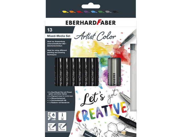 Mixed media set Eberhard Faber 13-dlg 8x duo penseel/fineliner, 2x pigmentliner, 1x waterpenseel, 1x grafietpotl., 1x gum
