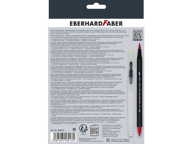 Mixed media set Eberhard Faber 13-dlg 8x duo penseel/fineliner, 2x pigmentliner, 1x waterpenseel, 1x grafietpotl., 1x gum