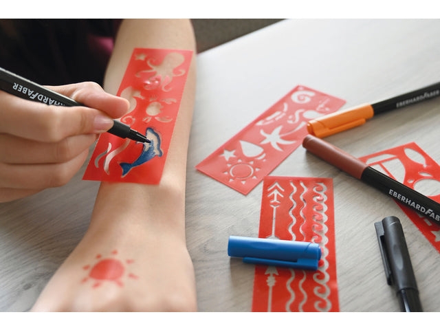 Tattoo stift Eberhard Faber Beach 4st. en 4in1 sjablonen. (zwart,oranje, blauw en bruin)