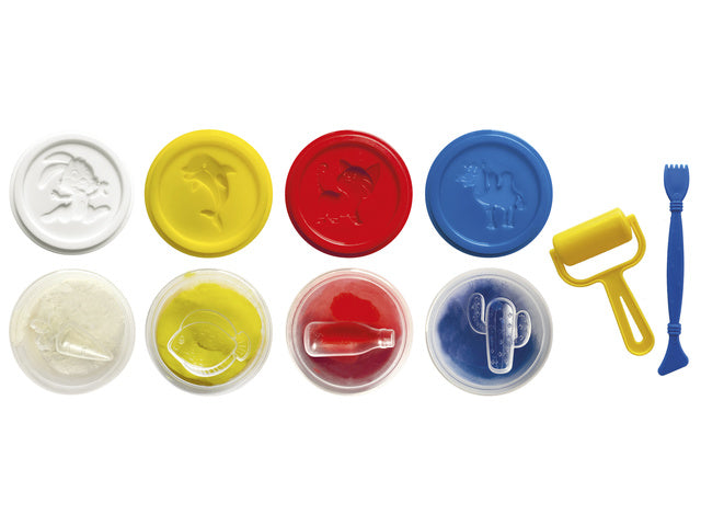 Kinderklei Eberhard Faber basisset 4 bekers á 50gr. Wit, geel, rood, en blauw met roller en spatel