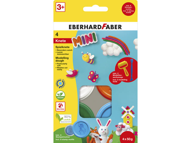 Kinderklei Eberhard Faber basisset 4bekers bekers á 50gr. Wit, oranje, groen en l.blauw met roller en spatel