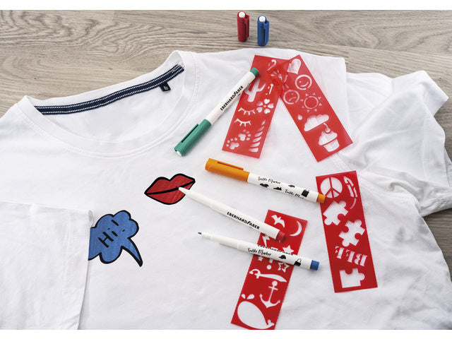 Textielmarker Eberhard Faber 4st. in etui incl. 4 stencils met sjablonen