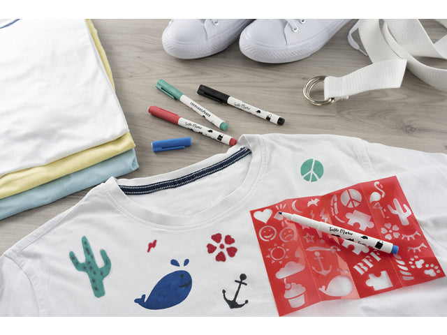 Textielmarker Eberhard Faber 4st. in etui incl. 4 stencils met sjablonen