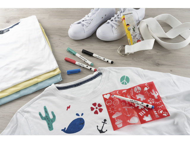 Textielmarker Eberhard Faber 4st. in etui incl. 4 stencils met sjablonen