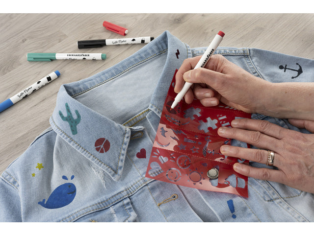 Textielmarker Eberhard Faber 4st. in etui incl. 4 stencils met sjablonen