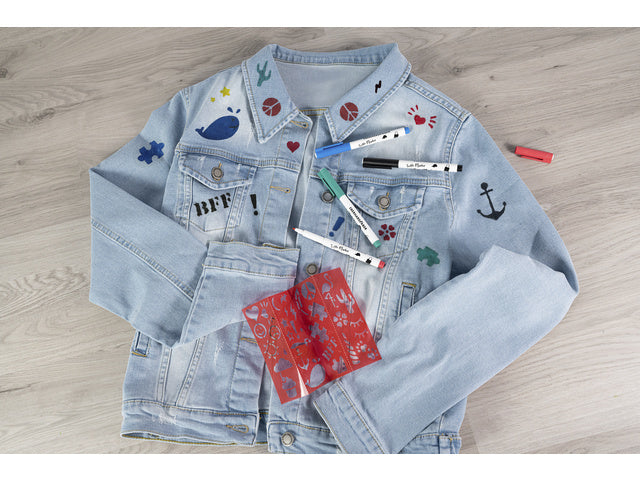 Textielmarker Eberhard Faber 4st. in etui incl. 4 stencils met sjablonen