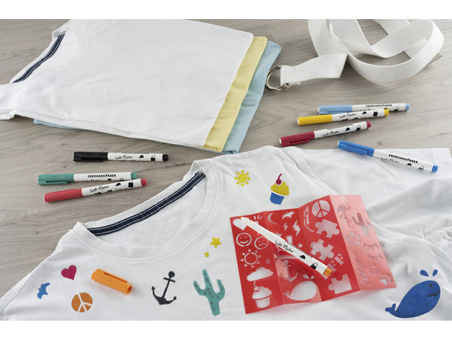 Textielmarker Eberhard Faber 8st. in etui incl. 4 stencils met sjablonen