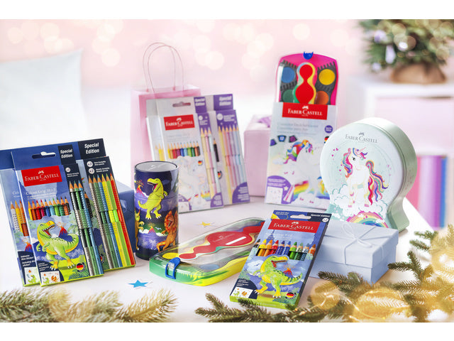 Kleurpotlood Faber-Castell Jumbo Grip Dino 8 kleurengrip + 2 metallic grip incl. dinostickers in kartonnen etui