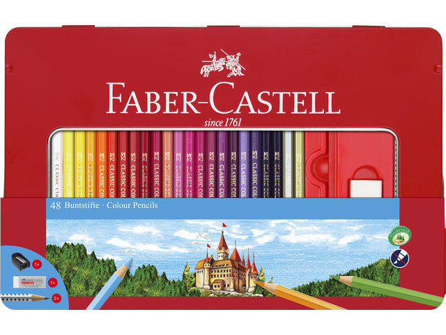 Kleurpotlood Faber-Castell Castle zeskantig metalen etui 48 stuks met accessoires