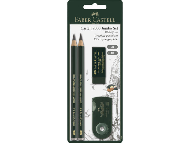Potloodset Faber-Castell 9000 Jumbo 2B, 4B, Gummi, und Schlauch