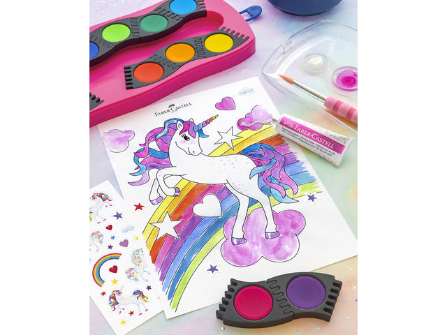 Waterverfdoos Faber-Castell Connector 12 kleuren + 1 tube regenboog glitter en unicorn stickers