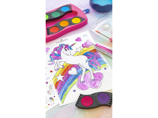 Waterverfdoos Faber-Castell Connector 12 kleuren + 1 tube regenboog glitter en unicorn stickers