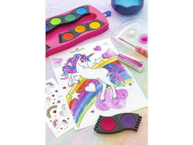 Waterverfdoos Faber-Castell Connector 12 kleuren + 1 tube regenboog glitter en unicorn stickers