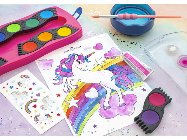 Waterverfdoos Faber-Castell Connector 12 kleuren + 1 tube regenboog glitter en unicorn stickers