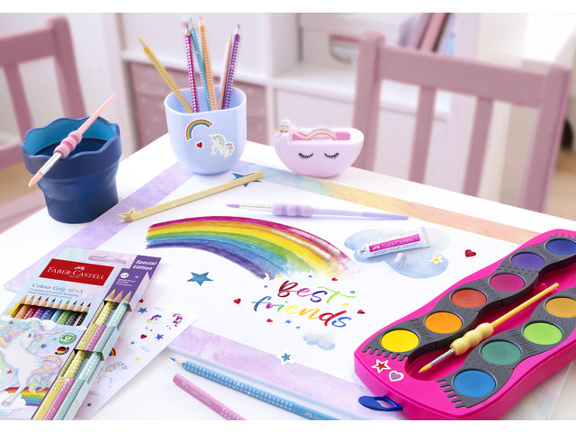 Waterverfdoos Faber-Castell Connector 12 kleuren + 1 tube regenboog glitter en unicorn stickers