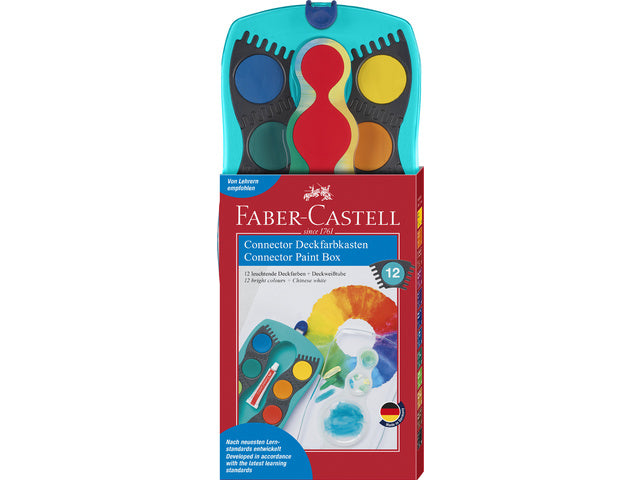 Waterverfdoos Faber-Castell 12 kleuren +1 tube wit Connector turquoise