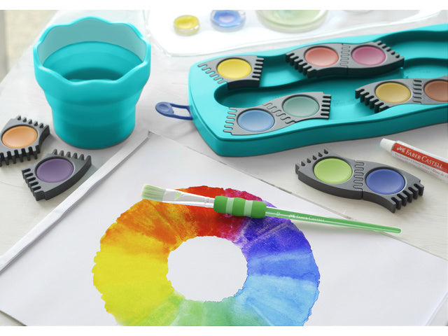Waterverfdoos Faber-Castell 12 kleuren +1 tube wit Connector turquoise