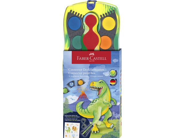 Waterverfdoos Faber-Castell Connector 12 kleuren + 1 tube glow in the dark glitter Dino