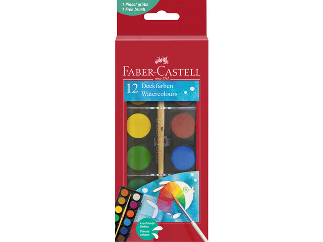 Waterverfdoos Faber-Castell 12 kleuren (diameter 24cm) incl. penseel