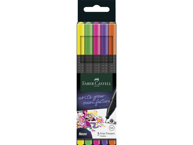 Fineliner Faber-Castell Grip 0,4mm etui 5 stuks neon assorti