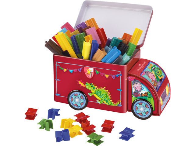 viltstiften Faber-Castell Connector 33 stuks met 10 clips in 'vrachtwagen'