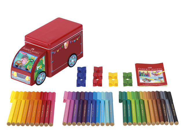 viltstiften Faber-Castell Connector 33 stuks met 10 clips in 'vrachtwagen'
