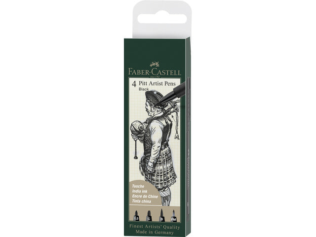 Tekenstift Faber-Castell Pitt Artist Pen etui 4 stuks 199 zwart lijndiktes 1.5, C, B, FM