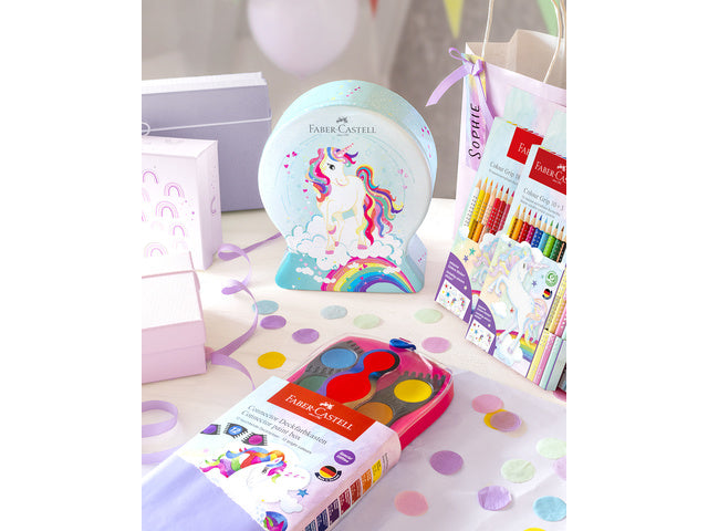 Kleurpotlood Faber-Castell Grip Unicorn 10 kleuren grip + 3 sprankelende pastelkleurpotloden inclusief unicorn stickers