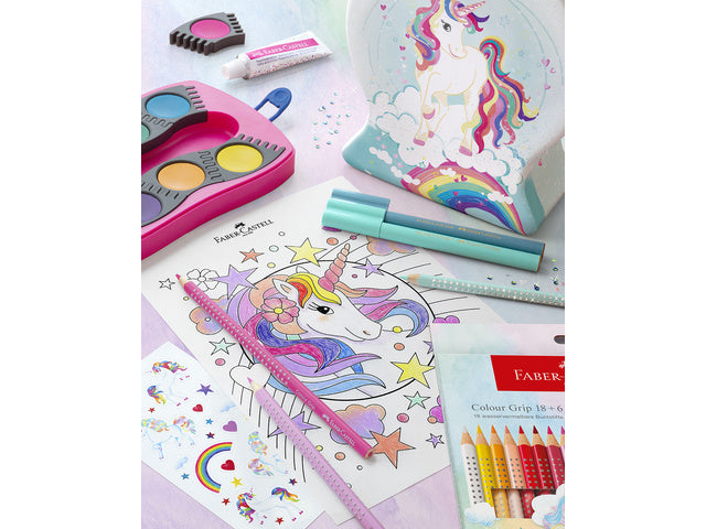 Kleurpotlood Faber-Castell Grip Unicorn 10 kleuren grip + 3 sprankelende pastelkleurpotloden inclusief unicorn stickers