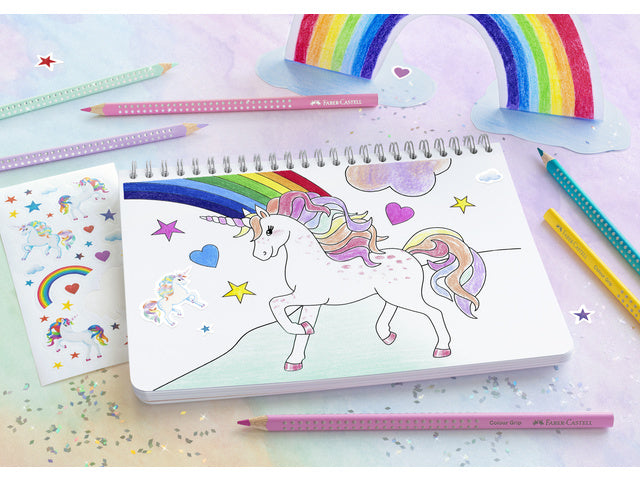 Kleurpotlood Faber-Castell Grip Unicorn 18 kleuren grip + 6 sprankelende pastelkleurpotloden inclusief unicorn stickers