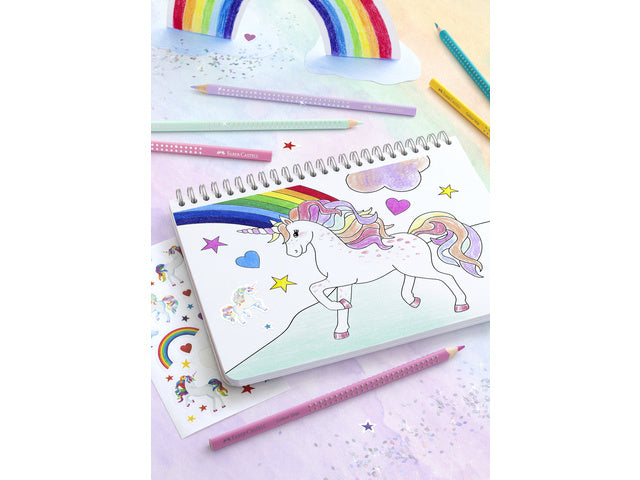 Kleurpotlood Faber-Castell Grip Unicorn 18 kleuren grip + 6 sprankelende pastelkleurpotloden inclusief unicorn stickers