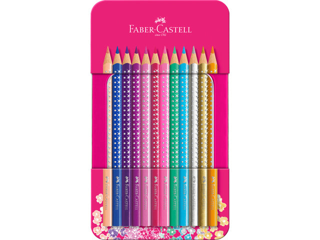 Kleurpotloden Faber-Castell Sparkle in rosa Blik mit 12 Stück