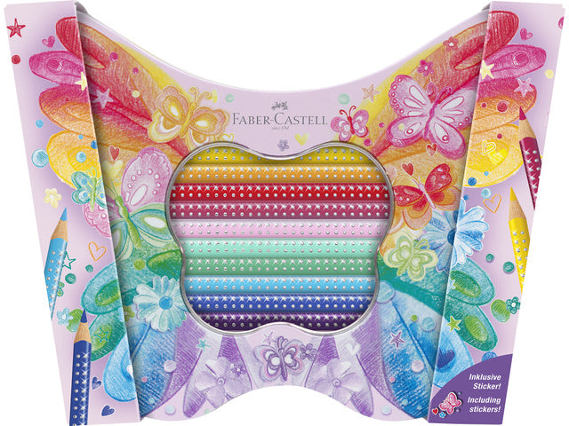 Kleurpotloden Faber-Castell sparkle 12 standaard kleuren + 8 pastel kleuren in bewaarblik vlinder inclusief vlinder stickers