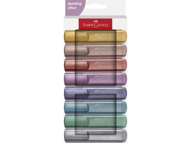 Tekstmarker Faber-Castell 46 metallic 8stuks goud, zilver, roze, ruby, blauw, groen, rood, paars in karton etui