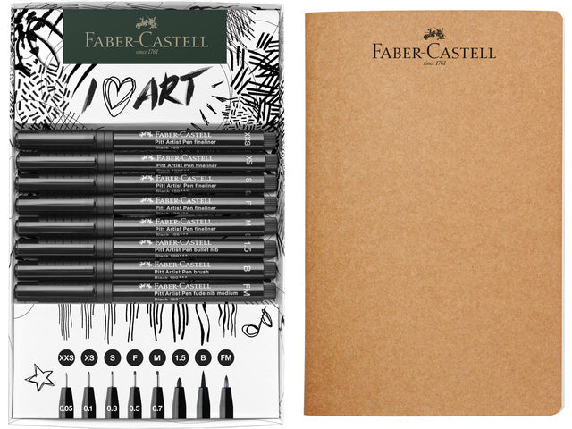 Tekenset Faber-Castell 8x Pitt Artist Pen schwarz inkl. Schetbuch 140gr. Witz (Größenangaben: XXS, XS, S, F, M, 1,5, B, FM)