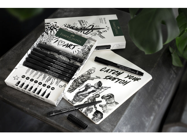 Tekenset Faber-Castell 8x Pitt Artist Pen schwarz inkl. Schetbuch 140gr. Witz (Größenangaben: XXS, XS, S, F, M, 1,5, B, FM)
