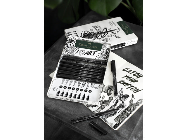 Tekenset Faber-Castell 8x Pitt Artist Pen schwarz inkl. Schetbuch 140gr. Witz (Größenangaben: XXS, XS, S, F, M, 1,5, B, FM)