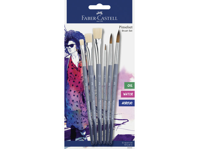 Penselenset Faber-Castell 6 stuks 3x plat (6,10,14) 3x rond (2, 6,10)
