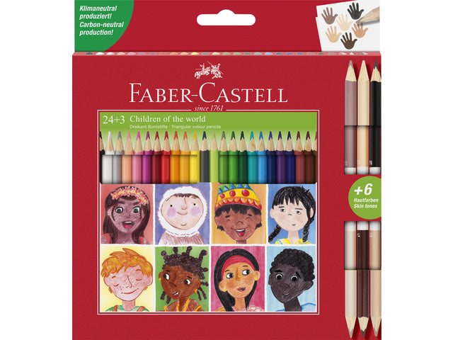 Kleurpotlood Faber-Castell Driekant Kartonetui 24+3 Stück Kinder der Welt. 24x dreifarbiger bunter Potloden + 3x doppelter huidskleurpotloden (6kleuren)