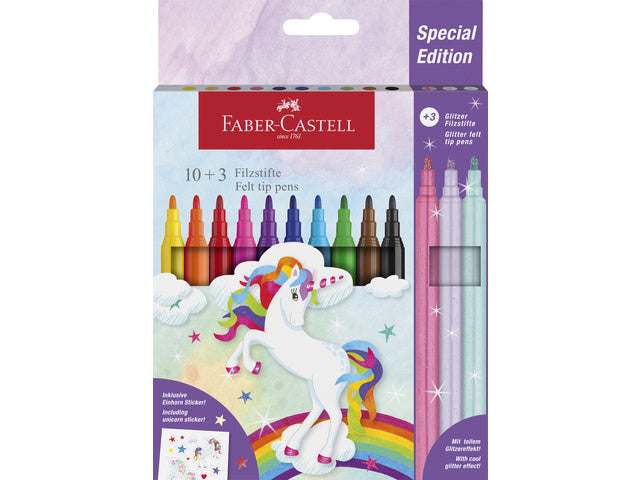 Viltstiften Faber-Castell Unicorn 10x standaard kleuren + 3x pastel kleuren incl. unicorn stickers in karton etui
