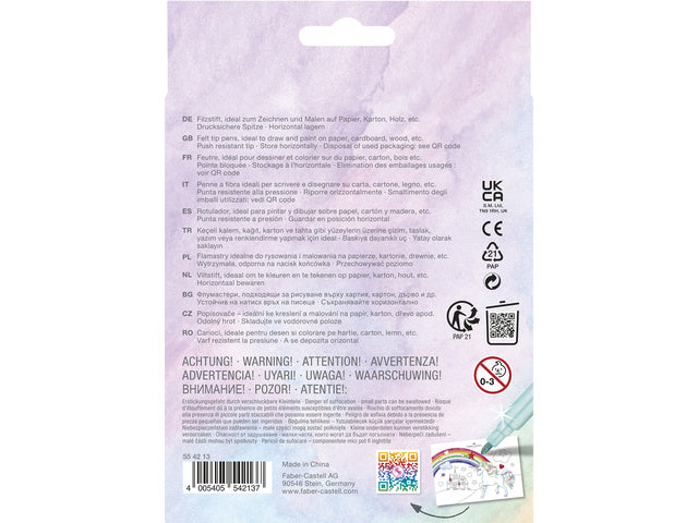 Viltstiften Faber-Castell Unicorn 10x standaard kleuren + 3x pastel kleuren incl. unicorn stickers in karton etui