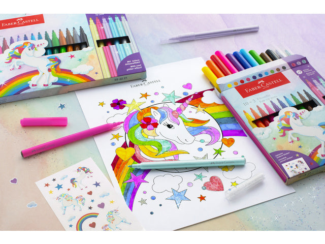 Viltstiften Faber-Castell Unicorn 10x standaard kleuren + 3x pastel kleuren incl. unicorn stickers in karton etui