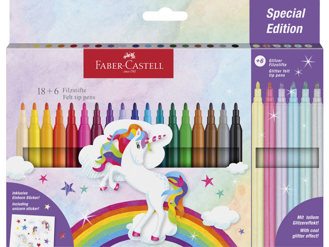 Viltstiften Faber-Castell Unicorn 18x standaard kleuren + 6x pastel kleuren incl. unicorn stickers in karton etui