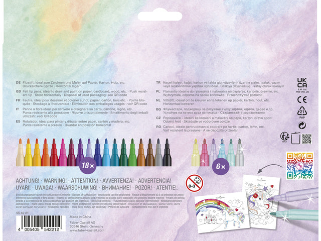 Viltstiften Faber-Castell Unicorn 18x standaard kleuren + 6x pastel kleuren incl. unicorn stickers in karton etui