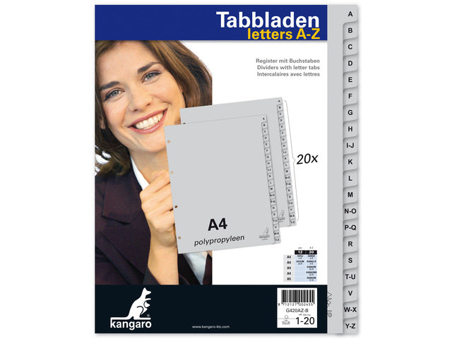 Tabblad Kangaro A4 letters PP 120 micron grijs 4-gaats 20-delig A-Z EB