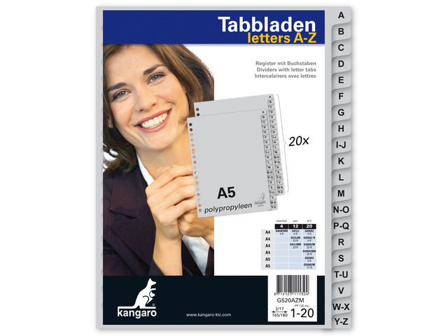 Tabblad Kangaro A5 letters PP 120 micron grijs 17-gaats 20-delig A-Z