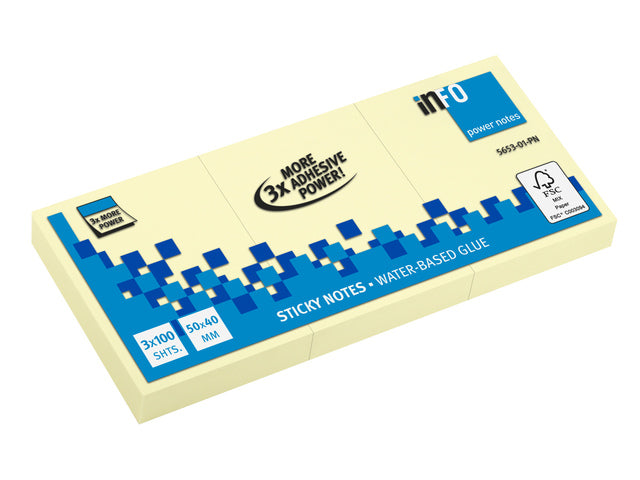 Powernotes info notes 50x40mm geel 3 bloks a 100 vel.