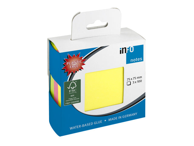 Infonota's 75x75mm 3 x 100 blaadjes, 3 kleuren, FSC, ophanggat.